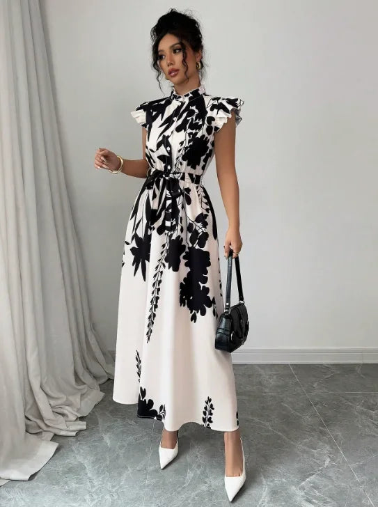 GAUN WANITA MOTIF HITAM PUTIH ELEGAN MODEL PANJANG SOPAN & BERGAYA | Women's Elegant Black & White Print Long Dress Suitable for Work, Dating & Vacation