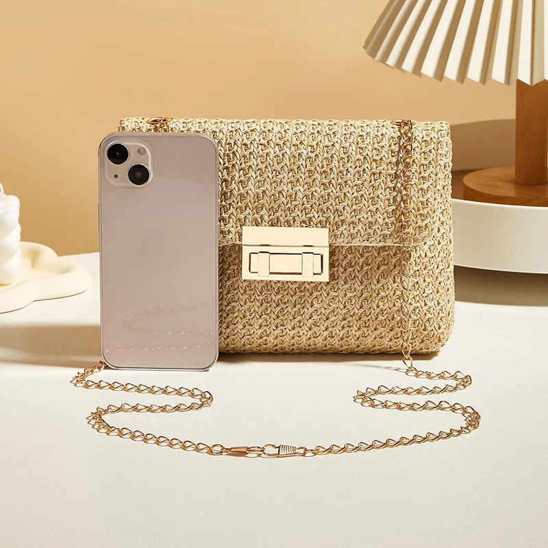 Women Straw Woven Lock Crossbody Bag Chain Strap Summer Mini Shoulder Bag