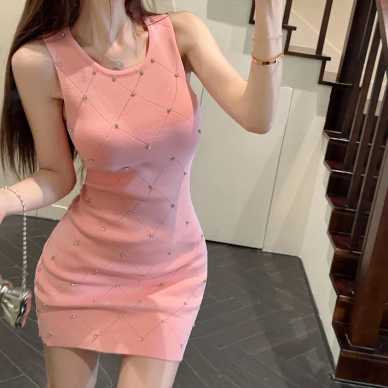 GAUN PENDEK RAJUT WANITA TANPA LENGAN MODEL RAMPING ELEGAN & SEKSI | Women's Slim Fit Elastic Knitted Sleeveless Mini Dress Casual Elegant Party Daily Wear