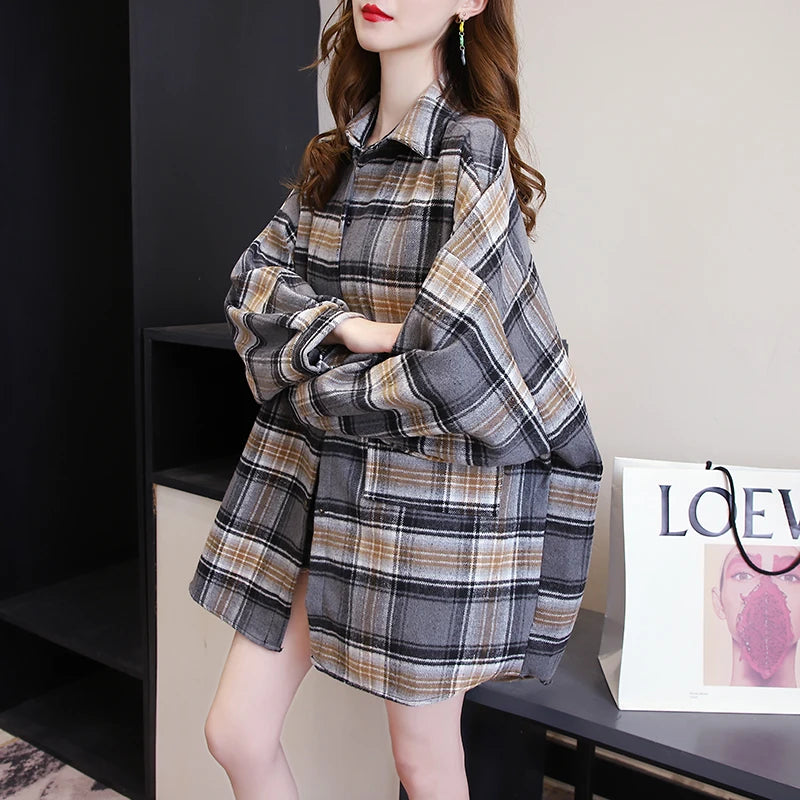 KEMEJA WANITA MOTIF KOTAK-KOTAK LENGAN PANJANG GAYA SANTAI & ELEGAN | Women's Plaid Shirt Long Sleeve Vintage Loose Casual Blouse Fashion