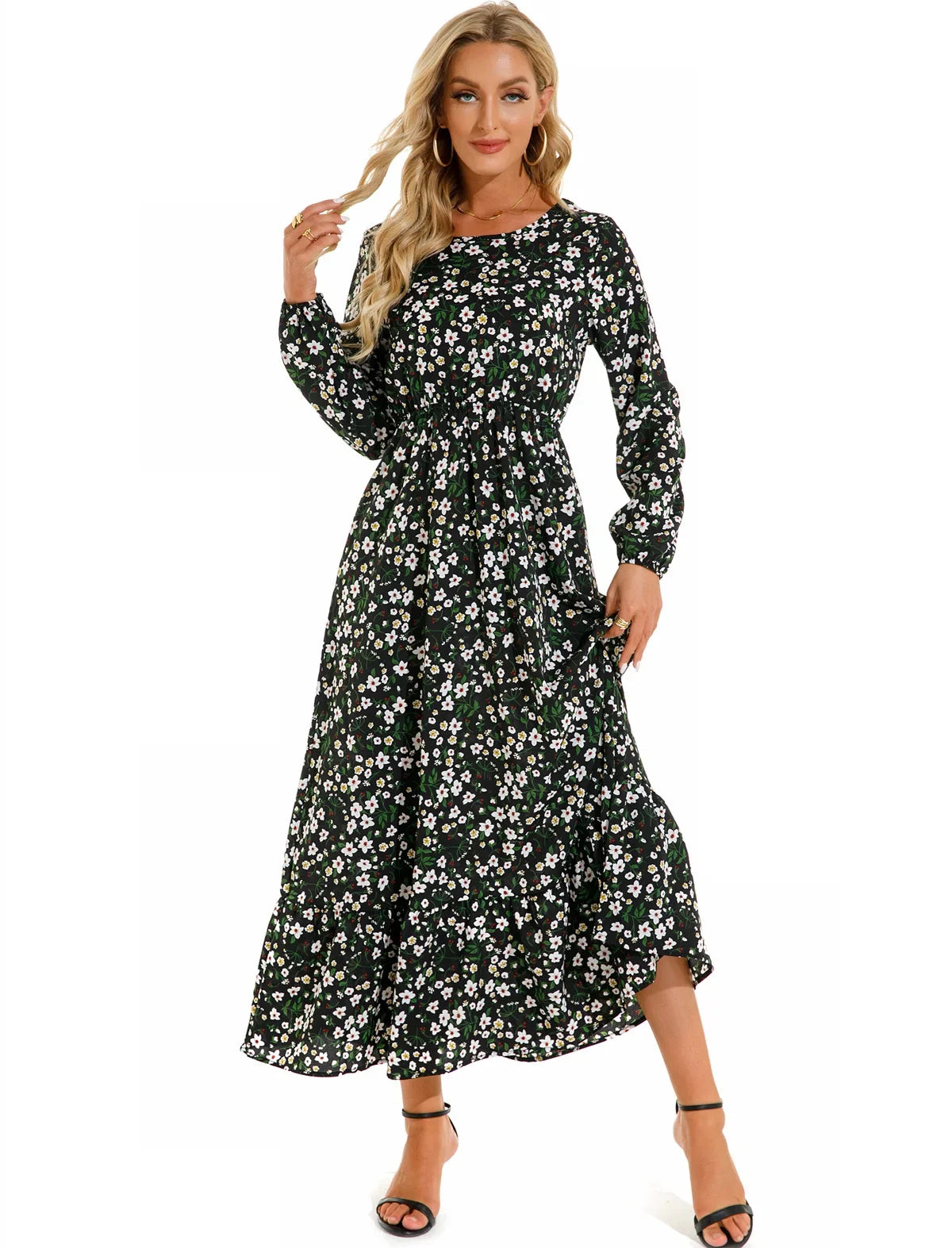 GAUN WANITA MUSLIM MOTIF BUNGA LENGAN PANJANG ELEGAN & SOPAN | Women's Muslim Floral Long Sleeve Dress Elegant O-Neck Ruffles Casual Wear