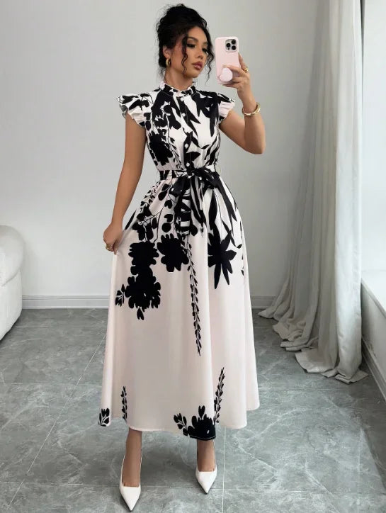 GAUN WANITA MOTIF HITAM PUTIH ELEGAN MODEL PANJANG SOPAN & BERGAYA | Women's Elegant Black & White Print Long Dress Suitable for Work, Dating & Vacation