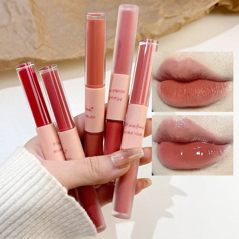 LIP GLOSS DUA MUKA KILAP & BELUDU WARNA CANTIK TAHAN LAMA | Double End Lip Glaze Mirror Shine & Matte Velvet Long Lasting Lip Gloss Cosmetics