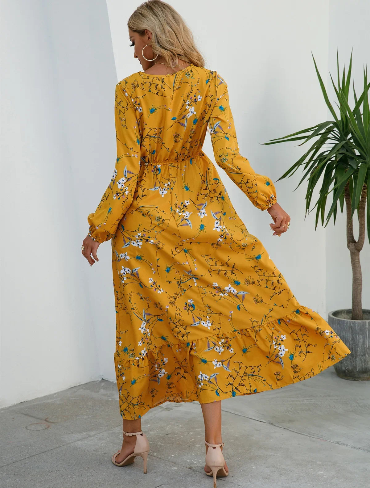 GAUN WANITA MUSLIM MOTIF BUNGA LENGAN PANJANG ELEGAN & SOPAN | Women's Muslim Floral Long Sleeve Dress Elegant O-Neck Ruffles Casual Wear