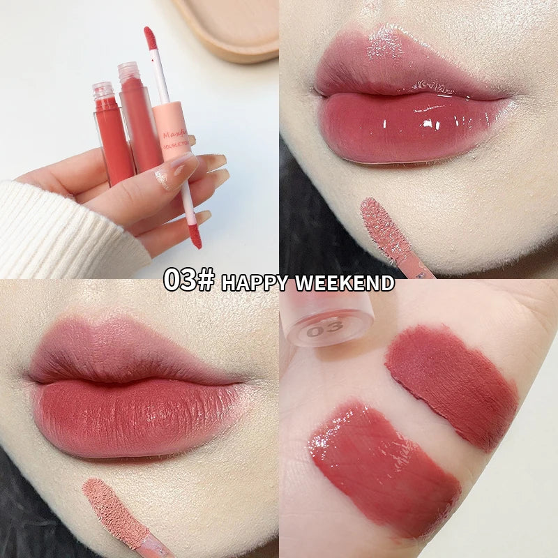 LIP GLOSS DUA MUKA KILAP & BELUDU WARNA CANTIK TAHAN LAMA | Double End Lip Glaze Mirror Shine & Matte Velvet Long Lasting Lip Gloss Cosmetics