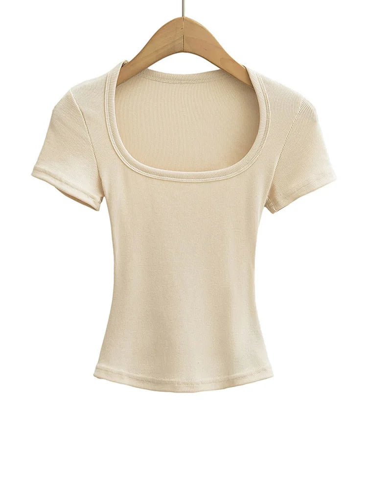 Women Slim Fit Square Neck Crop Top High Stretch Short Sleeve Basic Tee L Size