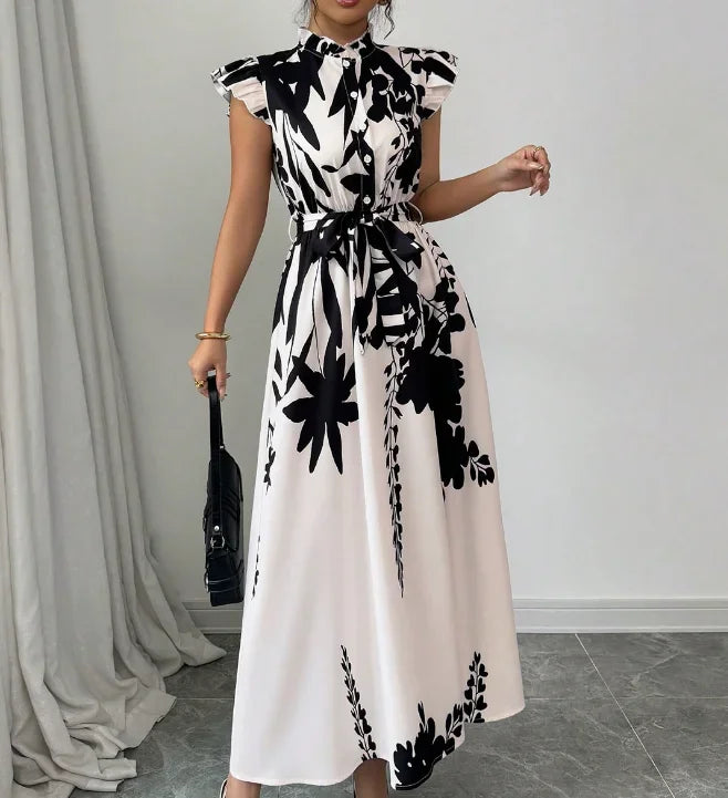 GAUN WANITA MOTIF HITAM PUTIH ELEGAN MODEL PANJANG SOPAN & BERGAYA | Women's Elegant Black & White Print Long Dress Suitable for Work, Dating & Vacation
