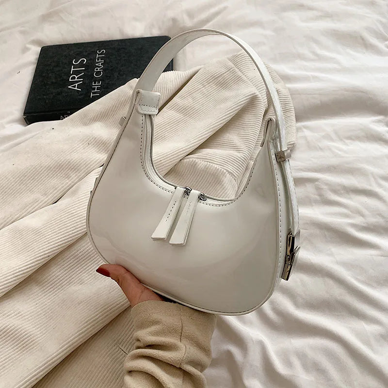 Women Half Moon Patent Leather Shoulder Bag Glossy Underarm Handbag 4 Colors