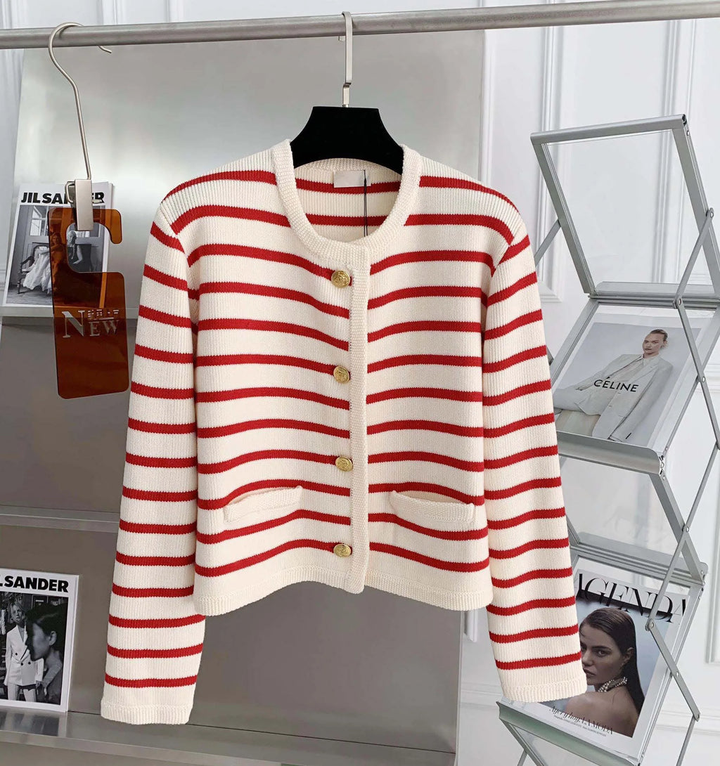 Women Striped Knit Cardigan O-Neck Long Sleeve Casual Sweater