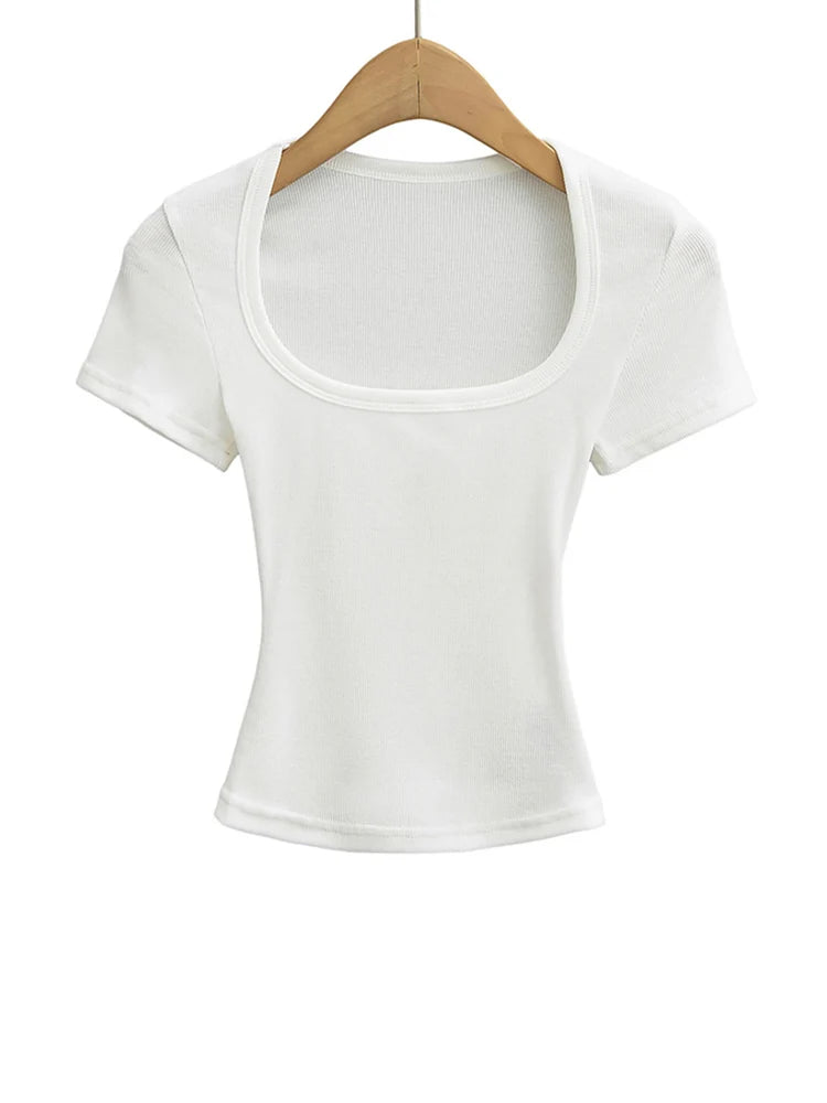 Women Slim Fit Square Neck Crop Top High Stretch Short Sleeve Basic Tee L Size