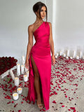 GAUN PESTA WANITA BAHAN SATIN MODEL SATU BAHU PANJANG ELEGAN | Women Satin One Shoulder Sleeveless Long Dress Elegant Party Evening Gown