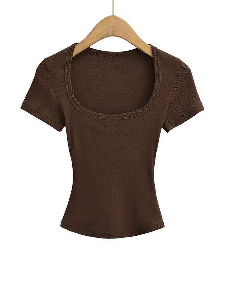 Women Slim Fit Square Neck Crop Top High Stretch Short Sleeve Basic Tee L Size