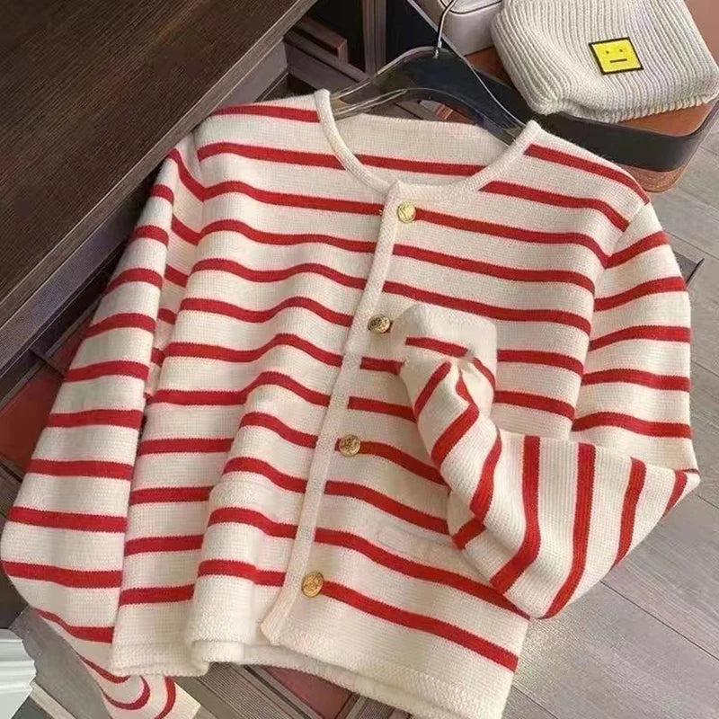 Women Striped Knit Cardigan O-Neck Long Sleeve Casual Sweater