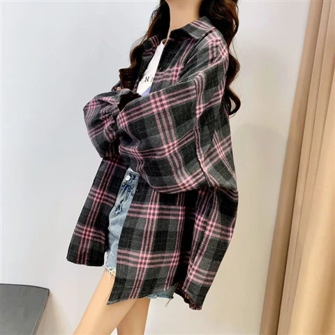 KEMEJA WANITA MOTIF KOTAK-KOTAK LENGAN PANJANG GAYA SANTAI & ELEGAN | Women's Plaid Shirt Long Sleeve Vintage Loose Casual Blouse Fashion