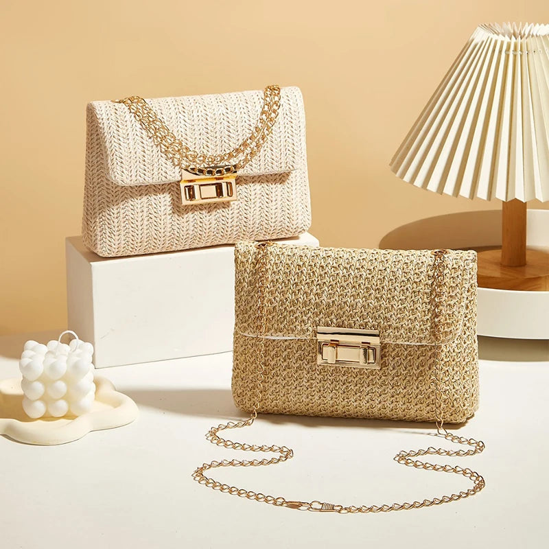 Women Straw Woven Lock Crossbody Bag Chain Strap Summer Mini Shoulder Bag