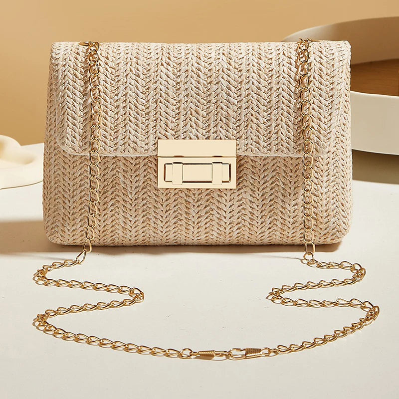 Women Straw Woven Lock Crossbody Bag Chain Strap Summer Mini Shoulder Bag