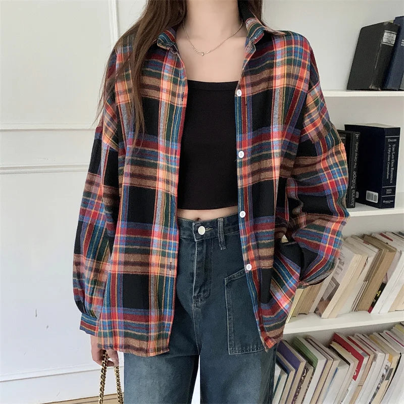 KEMEJA WANITA MOTIF KOTAK-KOTAK LENGAN PANJANG GAYA SANTAI & ELEGAN | Women's Plaid Shirt Long Sleeve Vintage Loose Casual Blouse Fashion