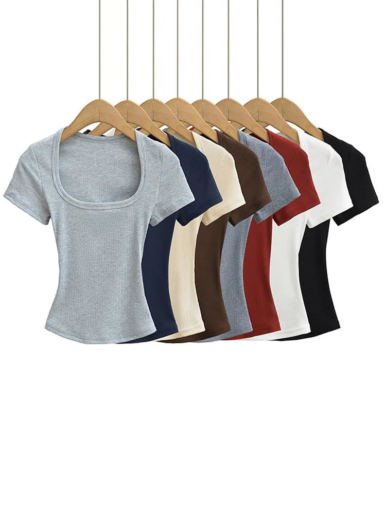 Women Slim Fit Square Neck Crop Top High Stretch Short Sleeve Basic Tee L Size