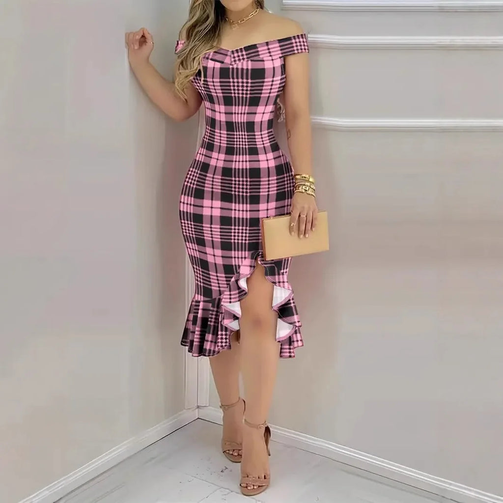 GAUN WANITA MODEL TUBUH BAHAN HALUS MOTIF CANTIK GAYA SEKSI ELEGAN | Women's Sheath Dress Off Shoulder Stylish Printed Party Casual Wear