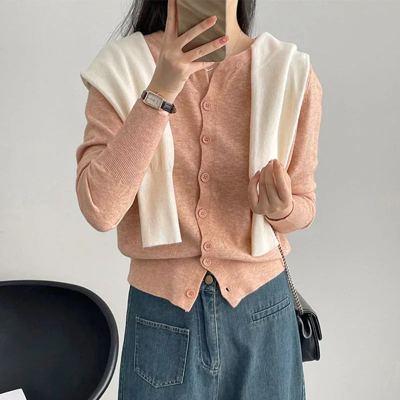 Women Soft Knit Cardigan O-Neck Long Sleeve Casual Sweater