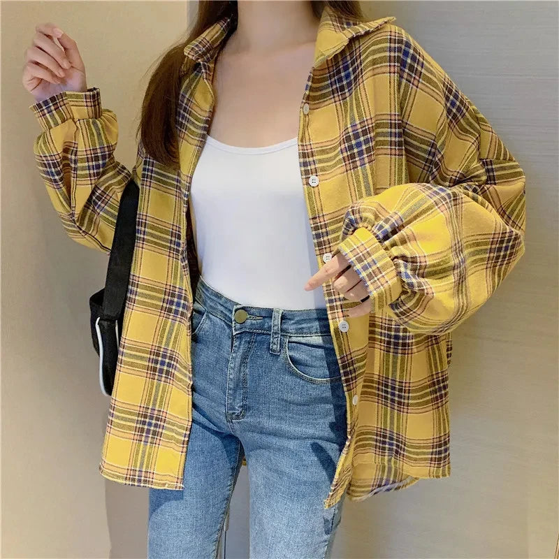 KEMEJA WANITA MOTIF KOTAK-KOTAK LENGAN PANJANG GAYA SANTAI & ELEGAN | Women's Plaid Shirt Long Sleeve Vintage Loose Casual Blouse Fashion