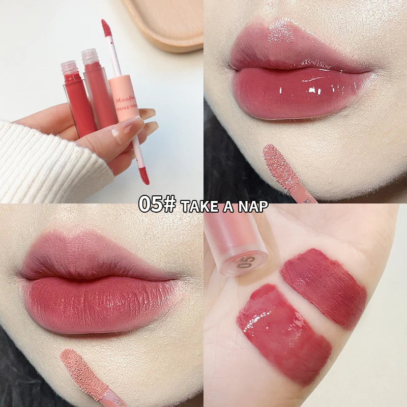 LIP GLOSS DUA MUKA KILAP & BELUDU WARNA CANTIK TAHAN LAMA | Double End Lip Glaze Mirror Shine & Matte Velvet Long Lasting Lip Gloss Cosmetics