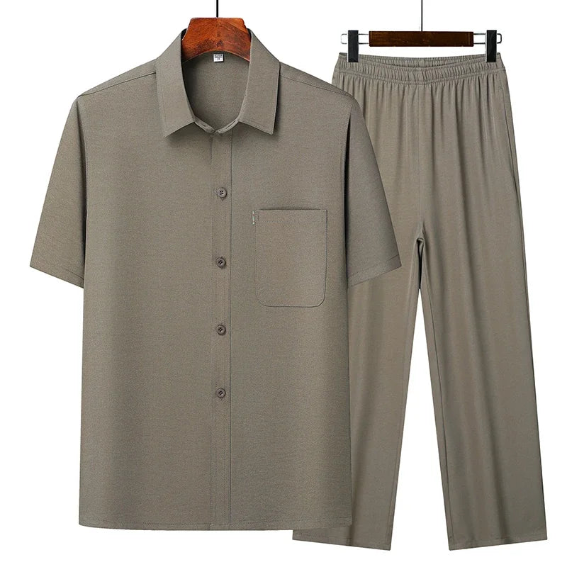 (Top + Pants) Summer Leisure All Match Middle-aged and Elderly Dad Men's Fashion Trend Grandpa Loose Lapel Half-sleeve Shirt Set