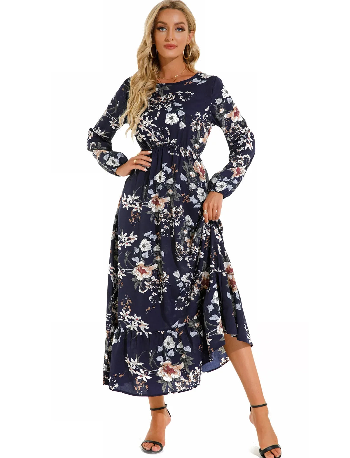 GAUN WANITA MUSLIM MOTIF BUNGA LENGAN PANJANG ELEGAN & SOPAN | Women's Muslim Floral Long Sleeve Dress Elegant O-Neck Ruffles Casual Wear