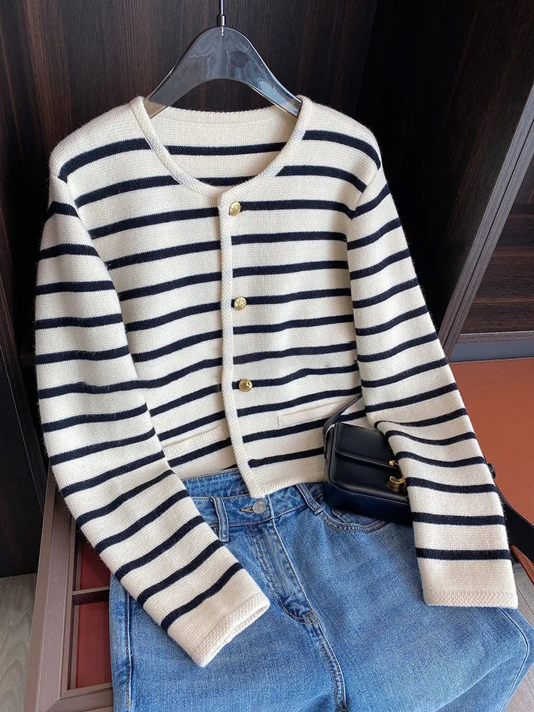 Women Striped Knit Cardigan O-Neck Long Sleeve Casual Sweater