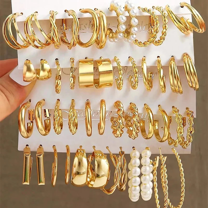 PAKET 24 PASANG ANTING WANITA WARNA EMAS MODEL KLASIK & MODERN | 24 Pairs Gold Color Hoop Earrings Set Vintage Pearl Geometric Fashion Jewelry