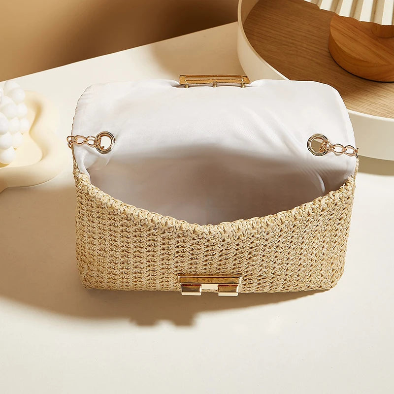 Women Straw Woven Lock Crossbody Bag Chain Strap Summer Mini Shoulder Bag