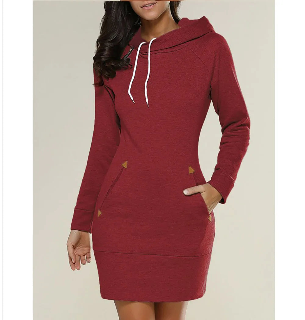 GAUN WANITA MODEL SWEATER BERKERUDUNG SANTAI & NYAMAN BAHAN HALUS | Women's Hooded Zipper Pullover Dress Casual Soft Comfortable Daily Wear