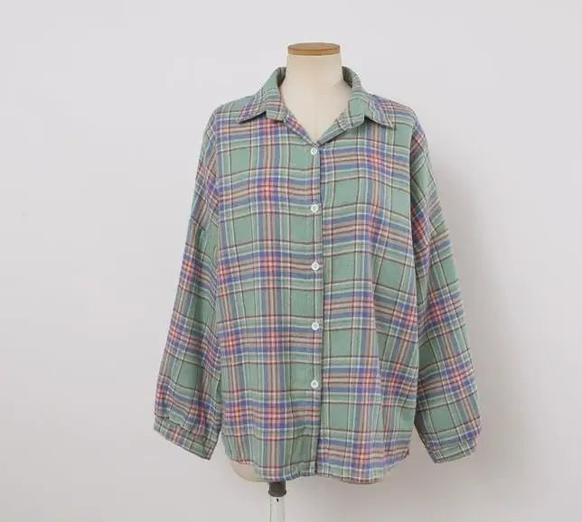 KEMEJA WANITA MOTIF KOTAK-KOTAK LENGAN PANJANG GAYA SANTAI & ELEGAN | Women's Plaid Shirt Long Sleeve Vintage Loose Casual Blouse Fashion