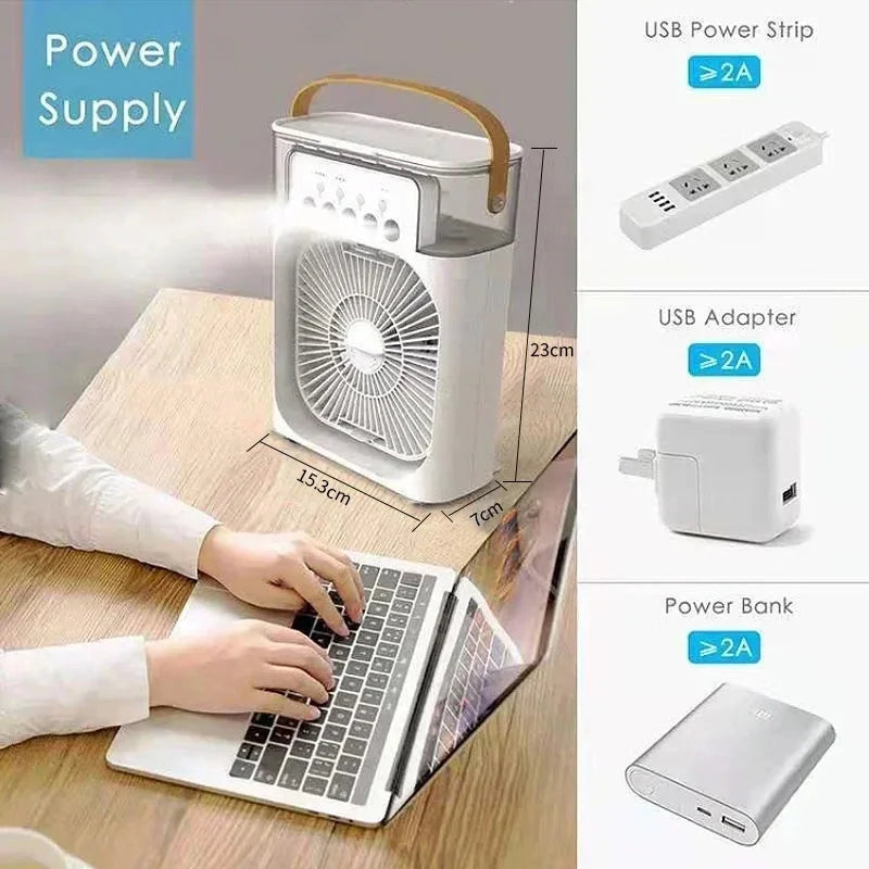 KIPAS ANGIN PENDINGIN MINI PORTABEL 5 LUBANG SEMPROT AIR LAMPU WARNA | Portable Mini Air Cooler Fan 5-Hole Spray Humidifier with LED Light USB Rechargeable Desktop Cooling Fan