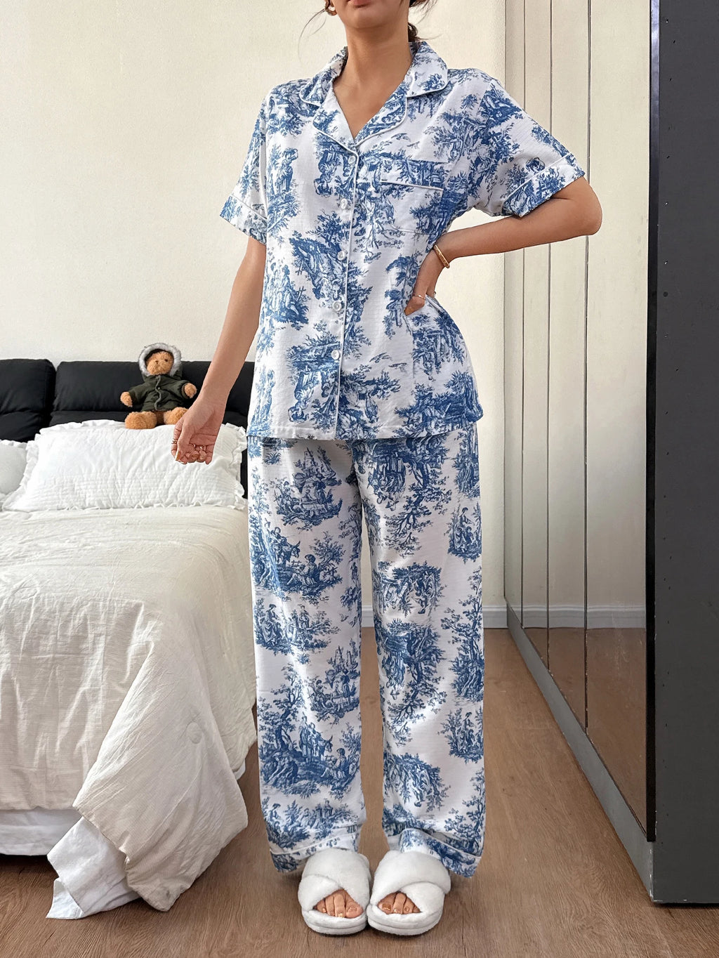 Setelan Baju Tidur Wanita Motif Bunga - Bahan Adem Premium