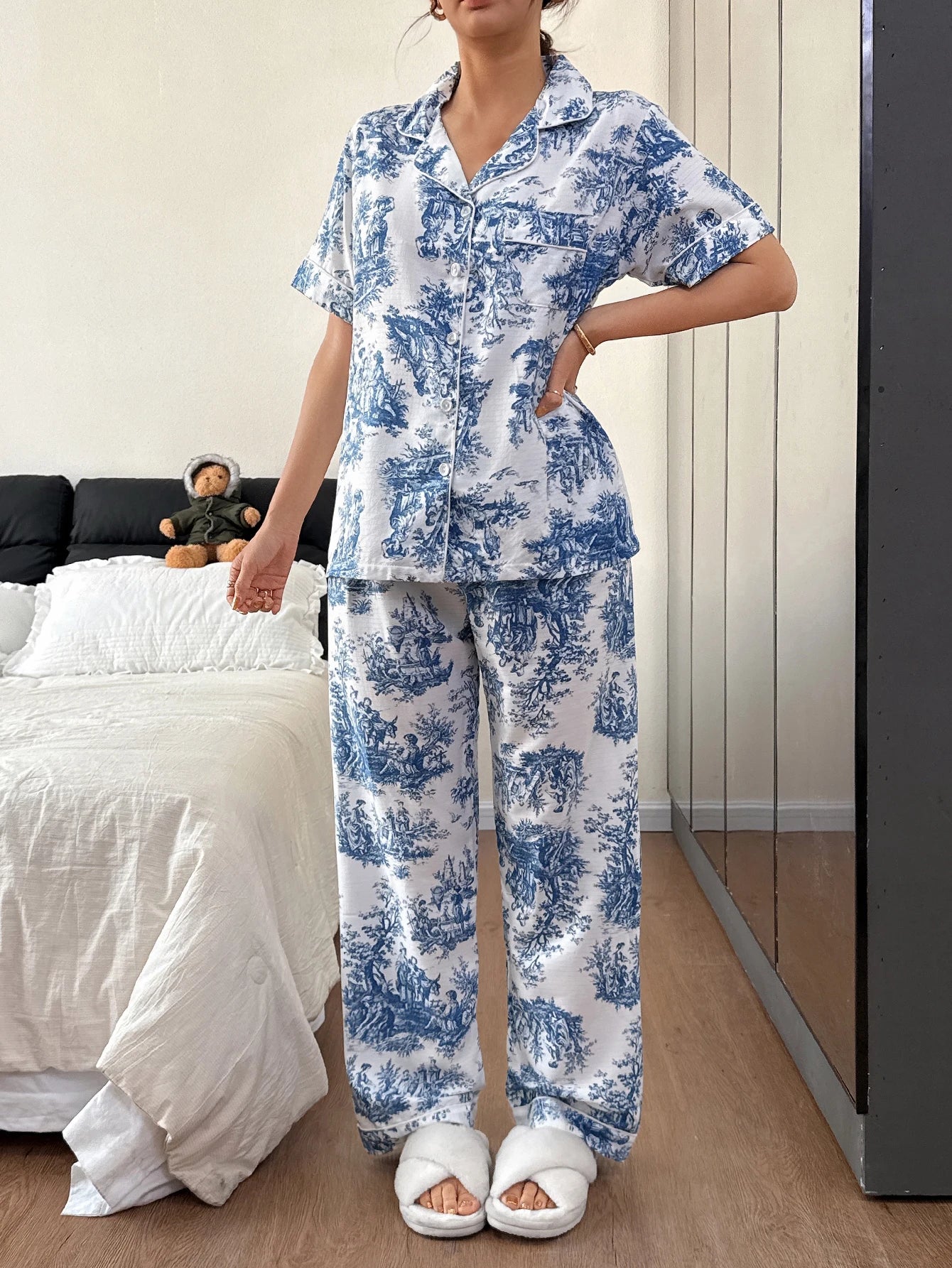 Setelan Baju Tidur Wanita Motif Bunga - Bahan Adem Premium