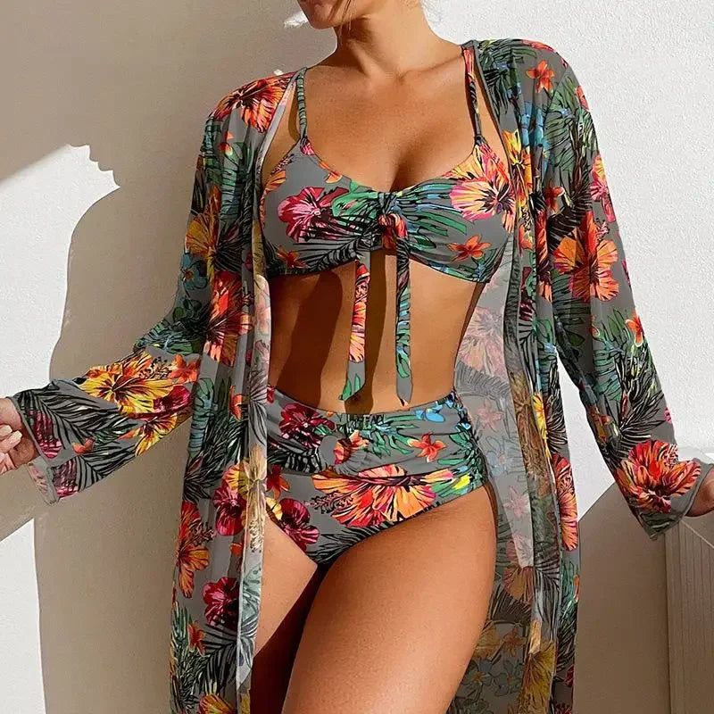 SET BIKINI 3 POTONG MOTIF BUNGA PREMIUM WANITA BAHAN HALUS ELEGAN | Women's 3-Pieces Floral Printed Bikini Set Mesh Swimwear