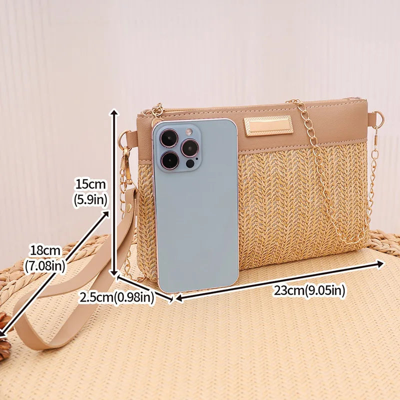 Women Straw Woven Crossbody Bag Chain Strap Summer Casual Handbag 2 Colors