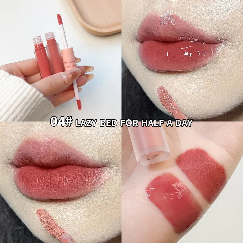 LIP GLOSS DUA MUKA KILAP & BELUDU WARNA CANTIK TAHAN LAMA | Double End Lip Glaze Mirror Shine & Matte Velvet Long Lasting Lip Gloss Cosmetics