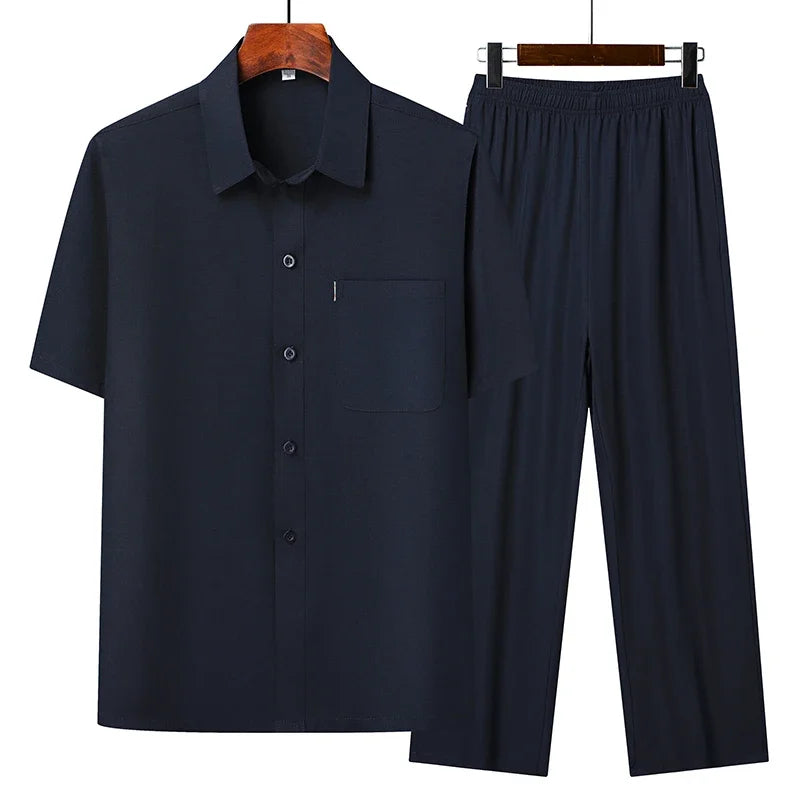 (Top + Pants) Summer Leisure All Match Middle-aged and Elderly Dad Men's Fashion Trend Grandpa Loose Lapel Half-sleeve Shirt Set