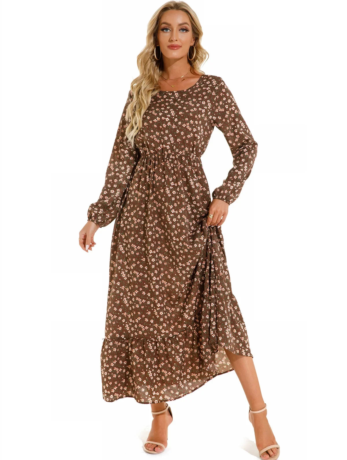 GAUN WANITA MUSLIM MOTIF BUNGA LENGAN PANJANG ELEGAN & SOPAN | Women's Muslim Floral Long Sleeve Dress Elegant O-Neck Ruffles Casual Wear