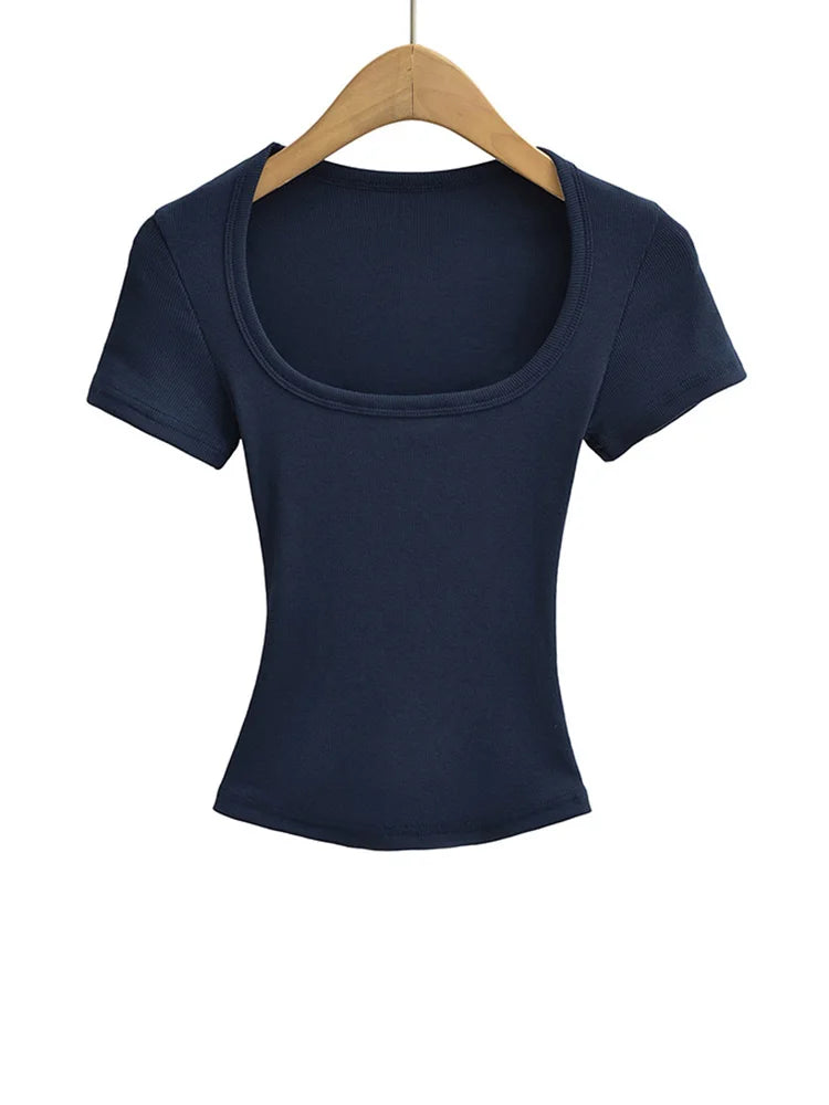 Women Slim Fit Square Neck Crop Top High Stretch Short Sleeve Basic Tee L Size