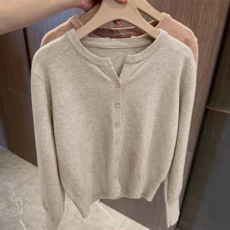 Women Soft Knit Cardigan O-Neck Long Sleeve Casual Sweater