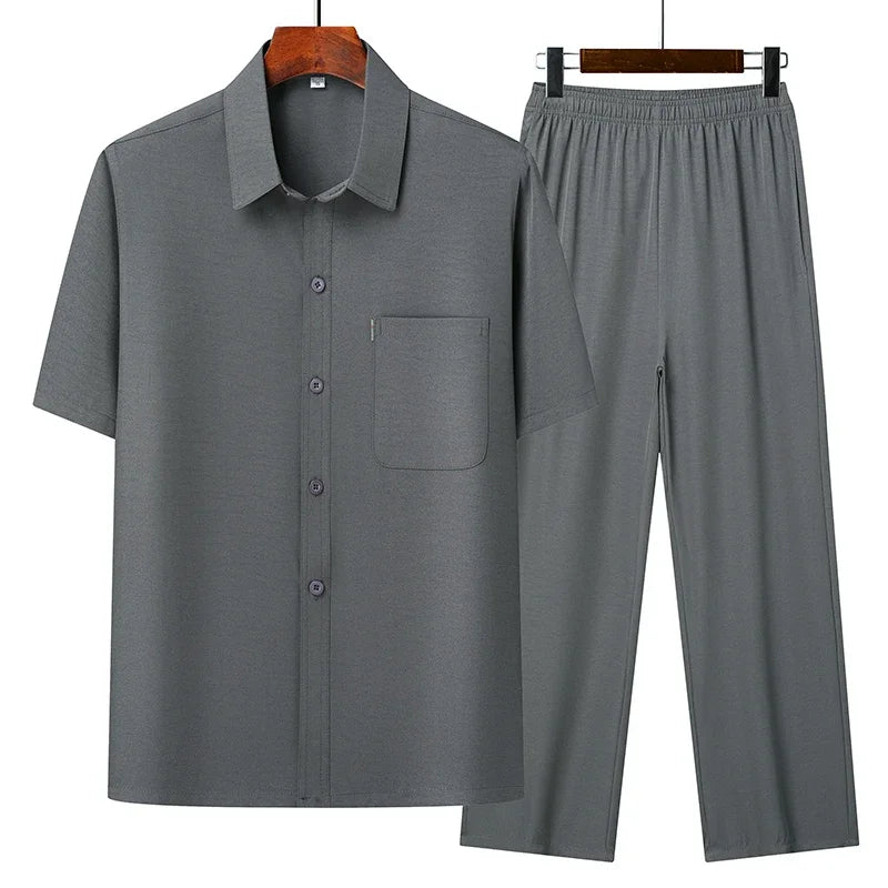 (Top + Pants) Summer Leisure All Match Middle-aged and Elderly Dad Men's Fashion Trend Grandpa Loose Lapel Half-sleeve Shirt Set