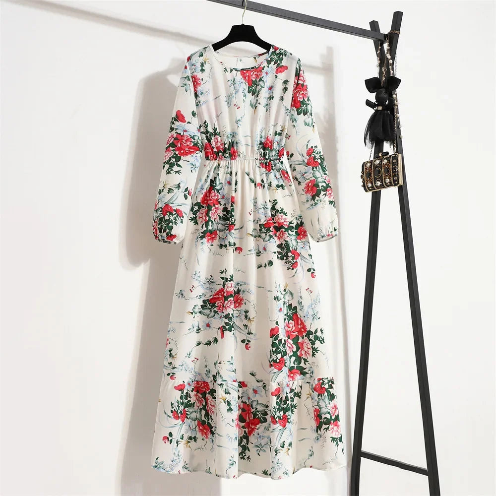 GAUN WANITA MUSLIM MOTIF BUNGA LENGAN PANJANG ELEGAN & SOPAN | Women's Muslim Floral Long Sleeve Dress Elegant O-Neck Ruffles Casual Wear