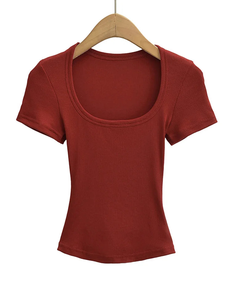 Women Slim Fit Square Neck Crop Top High Stretch Short Sleeve Basic Tee L Size