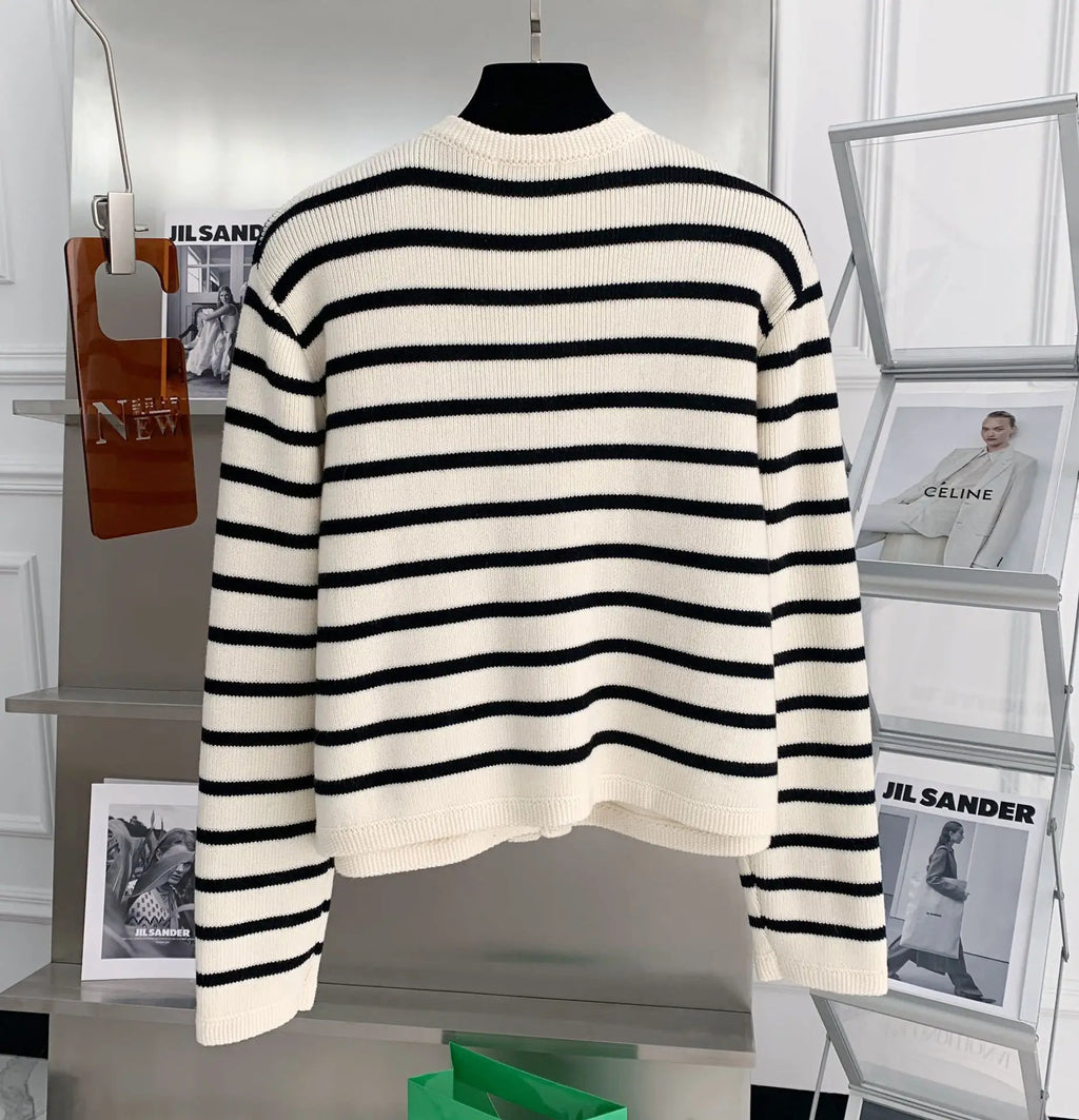 Women Striped Knit Cardigan O-Neck Long Sleeve Casual Sweater