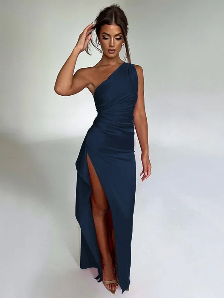 GAUN PESTA WANITA BAHAN SATIN MODEL SATU BAHU PANJANG ELEGAN | Women Satin One Shoulder Sleeveless Long Dress Elegant Party Evening Gown