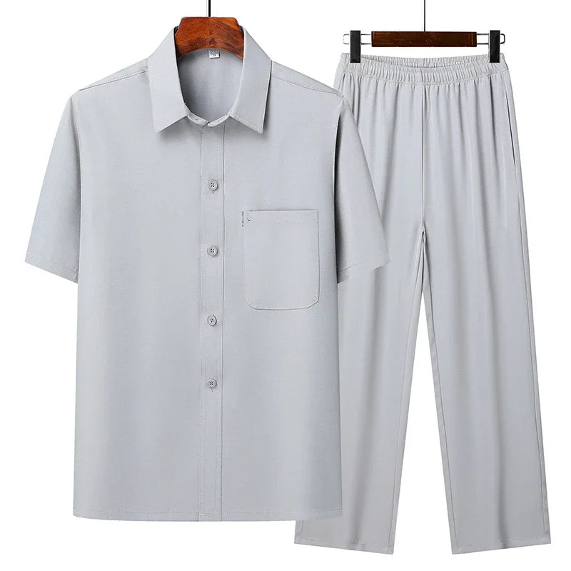 (Top + Pants) Summer Leisure All Match Middle-aged and Elderly Dad Men's Fashion Trend Grandpa Loose Lapel Half-sleeve Shirt Set