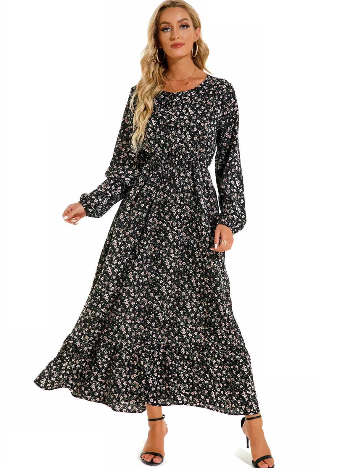 GAUN WANITA MUSLIM MOTIF BUNGA LENGAN PANJANG ELEGAN & SOPAN | Women's Muslim Floral Long Sleeve Dress Elegant O-Neck Ruffles Casual Wear